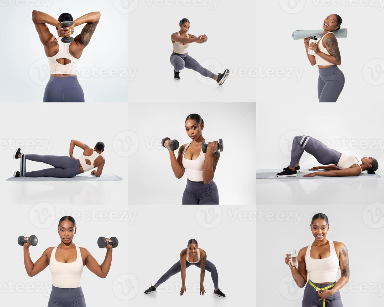 Black woman performs a variety of exercises using dumbbells and a foam roller, showcasing strength and flexibility in a brightly lit gym environment. Each position highlights her fitness routine. photo