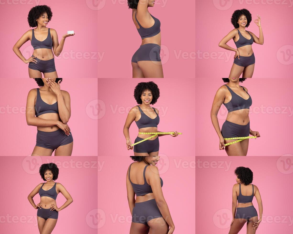 A series of nine poses highlights body positivity and confidence in a fitness journey, featuring black woman against a vibrant pink background. She showcases health and wellness through movement. photo