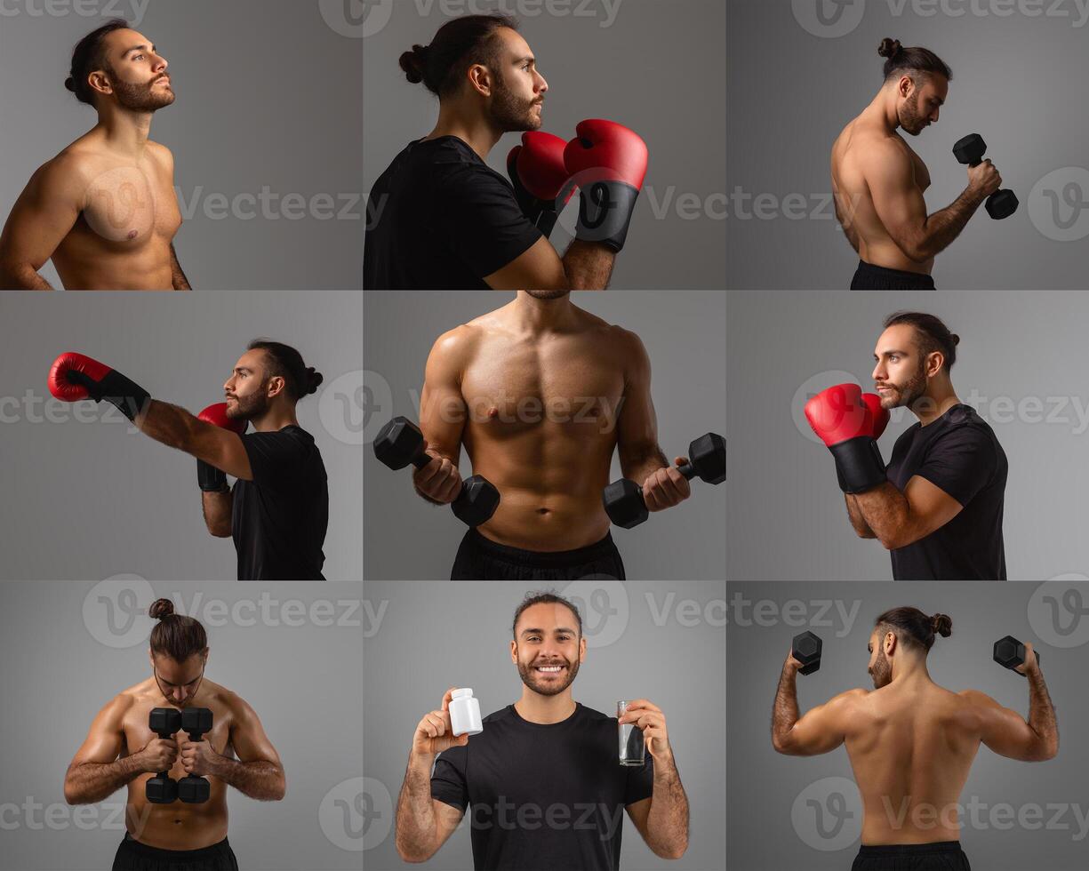 A shirtless man demonstrates various boxing and fitness exercises using dumbbells and boxing gloves, showcasing strength and agility in a well-lit studio environment. photo