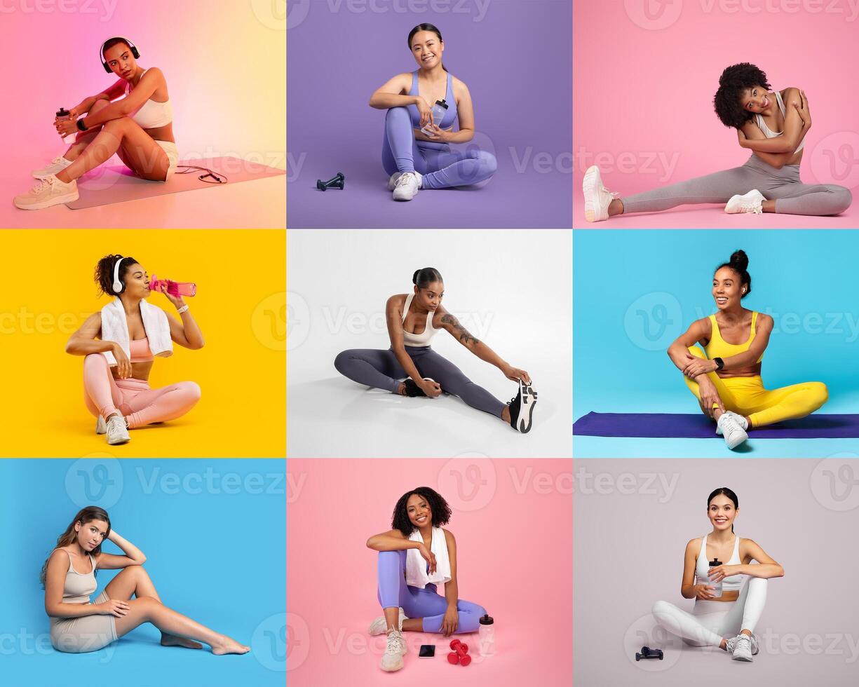 A diverse group of women participates in various fitness activities, showcasing exercises, poses, and stretches in vibrant, colorful settings. Each captures the spirit of health and wellness. photo