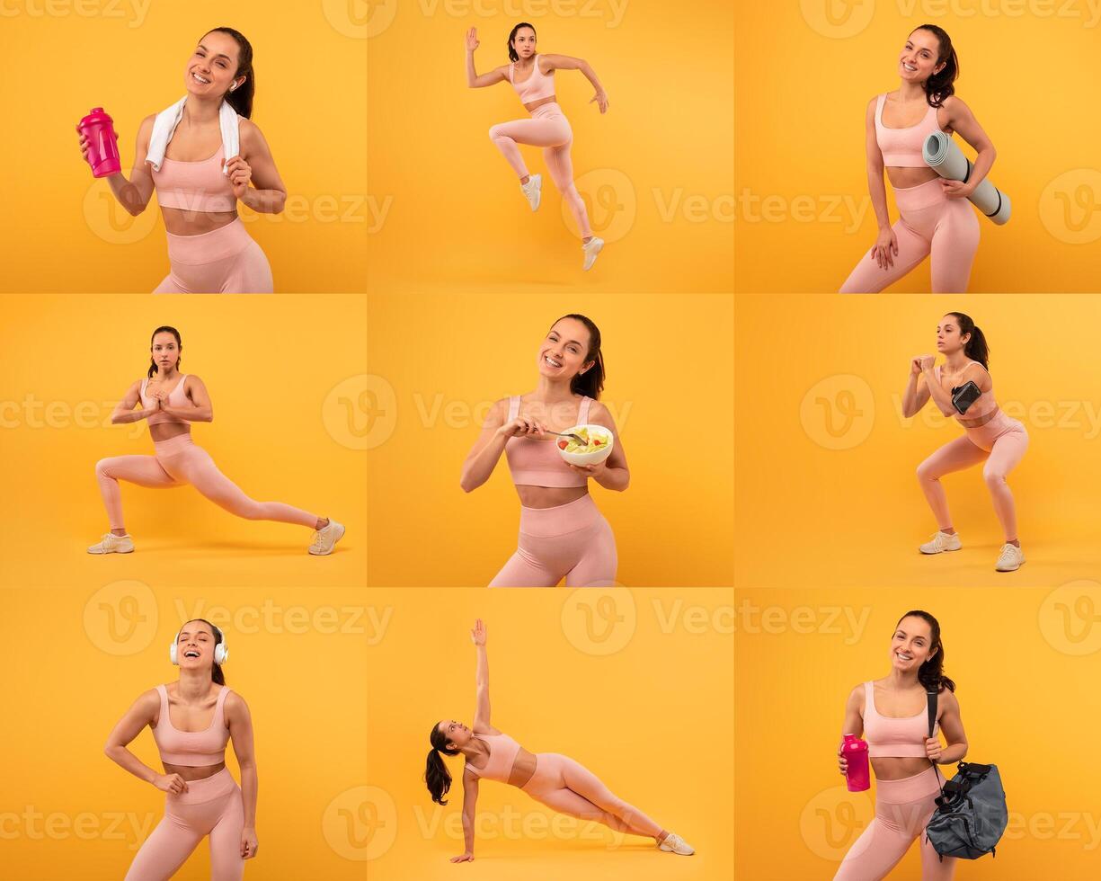 A woman showcases her active lifestyle through multiple exercises, including lunges, jumps, and stretching, on a vibrant yellow background, highlighting fitness and wellness. photo
