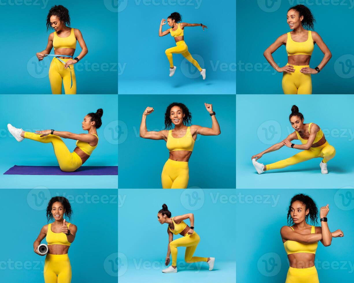 Black woman in a yellow workout outfit showcases different exercises including stretching, strength training, and cardio routines. She exudes energy and determination in her movements. photo