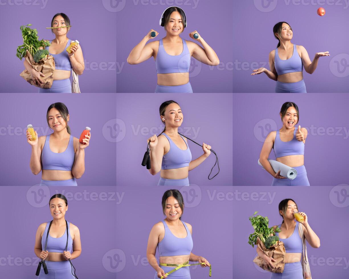 Asian woman participates in different health and fitness activities, such as juggling, weightlifting, and using resistance bands, all while smiling photo