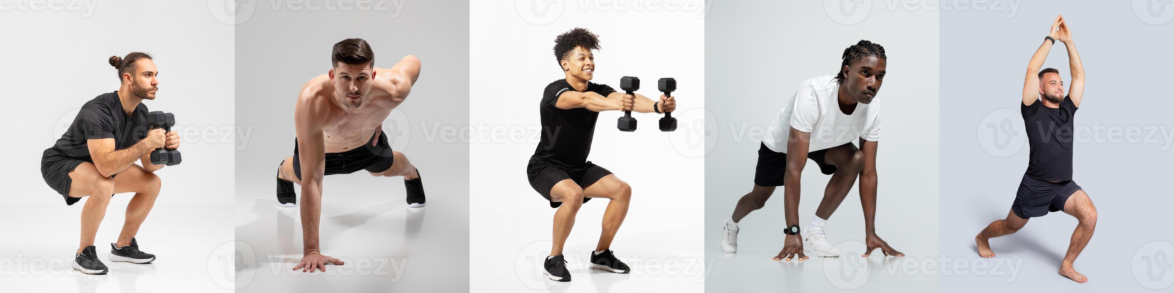 A group of five individuals is performing different strength training exercises in a gym-like setting photo
