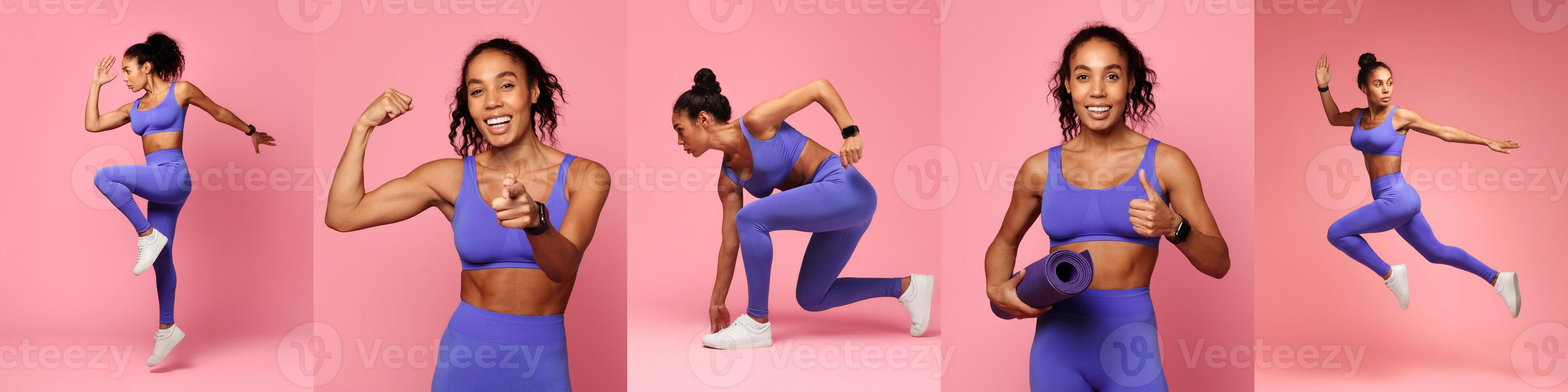 African American woman demonstrates various athletic exercises in a pink environment, showcasing her strength and agility. She transitions between movements, emphasizing fitness and wellness. photo