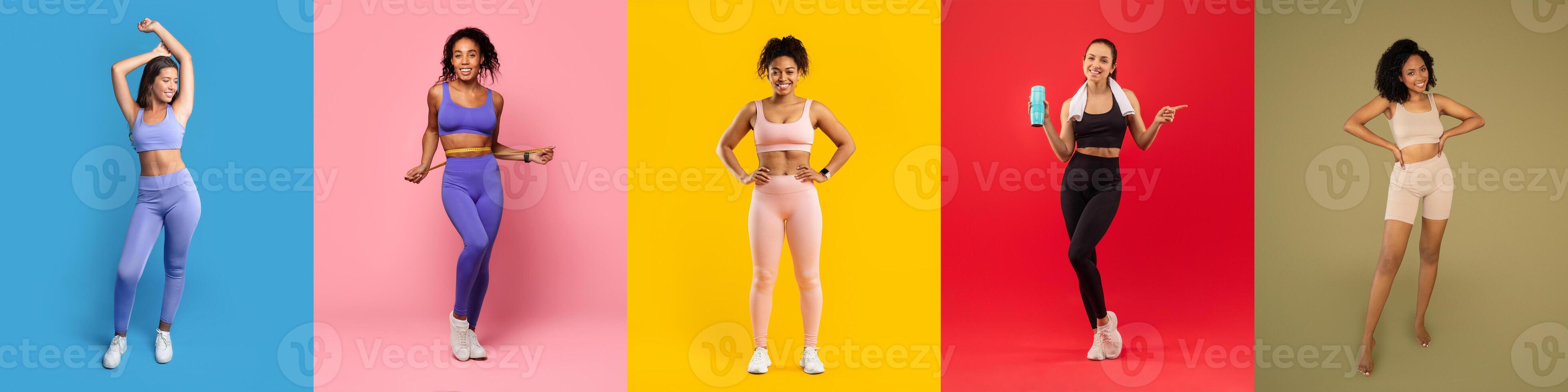 A group of women showcase different fitness outfits in a brightly colored studio. Each poses confidently against a bold backdrop, expressing individuality and energy during workout sessions. photo