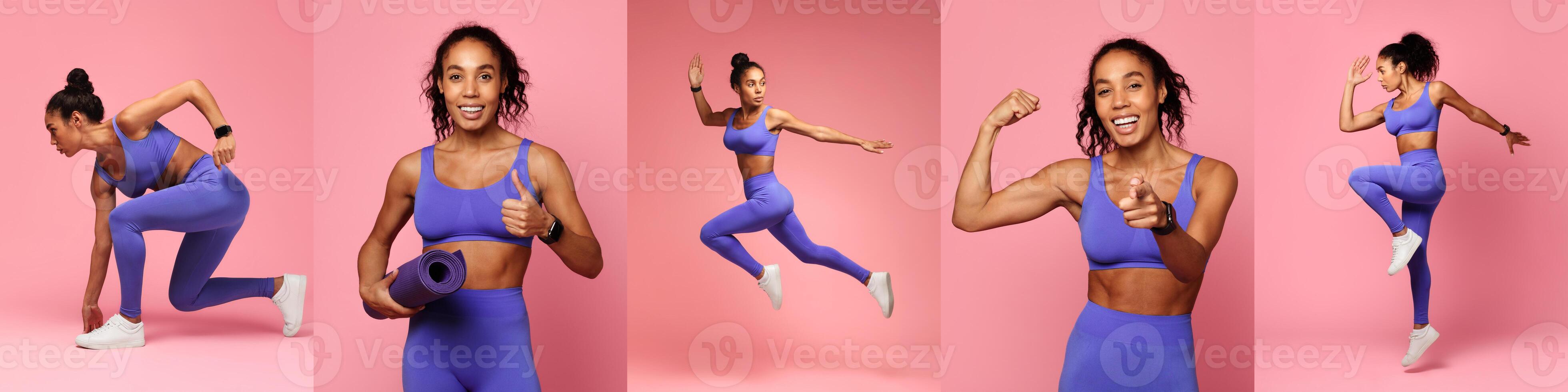 A fit black woman engages in dynamic workouts, showcasing running, jumping, and stretching poses in vibrant athletic wear. The bright pink background adds energy to her fitness routine. photo