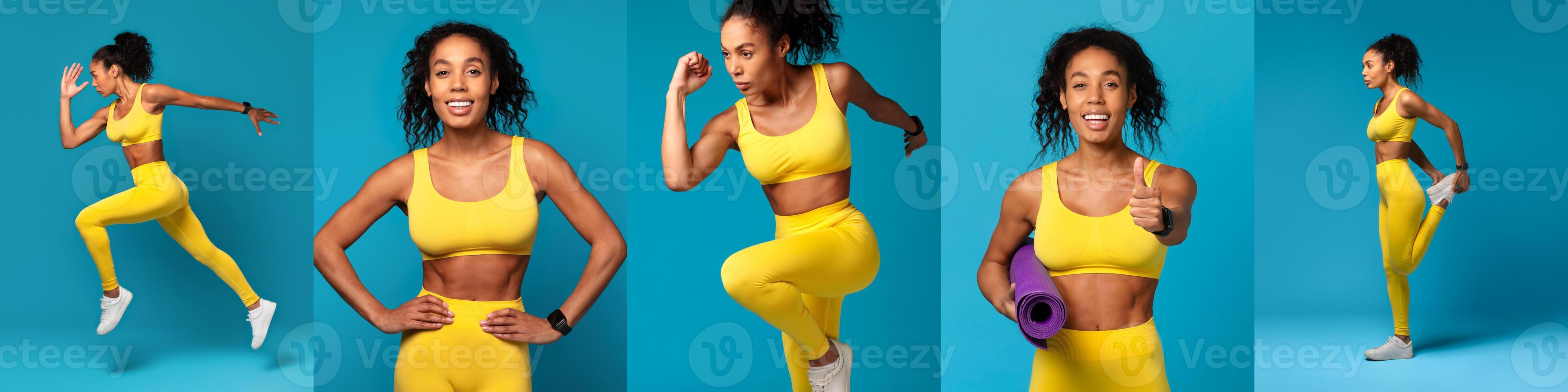 An energetic black woman in yellow activewear performs various exercises, showcasing strength and agility against a vibrant blue background. Her movements highlight fitness and determination. photo