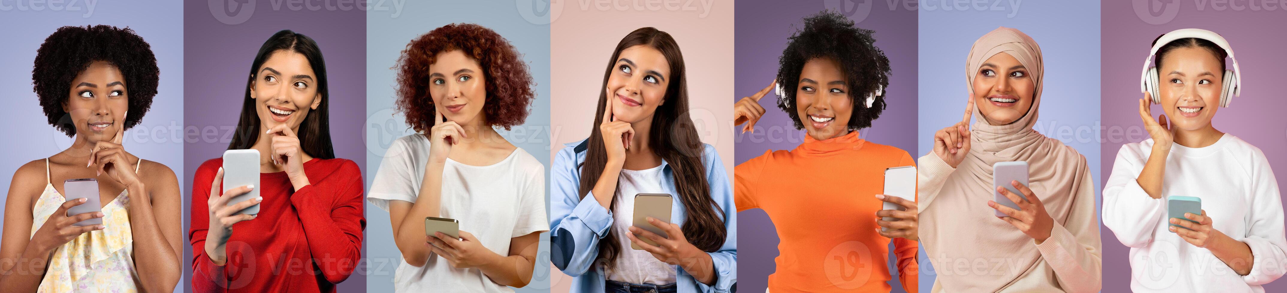 A group of seven women with different hairstyles and outfits interacts with their smartphones, displaying thoughtful expressions in a vibrant studio backdrop, sharing a moment of connection. photo