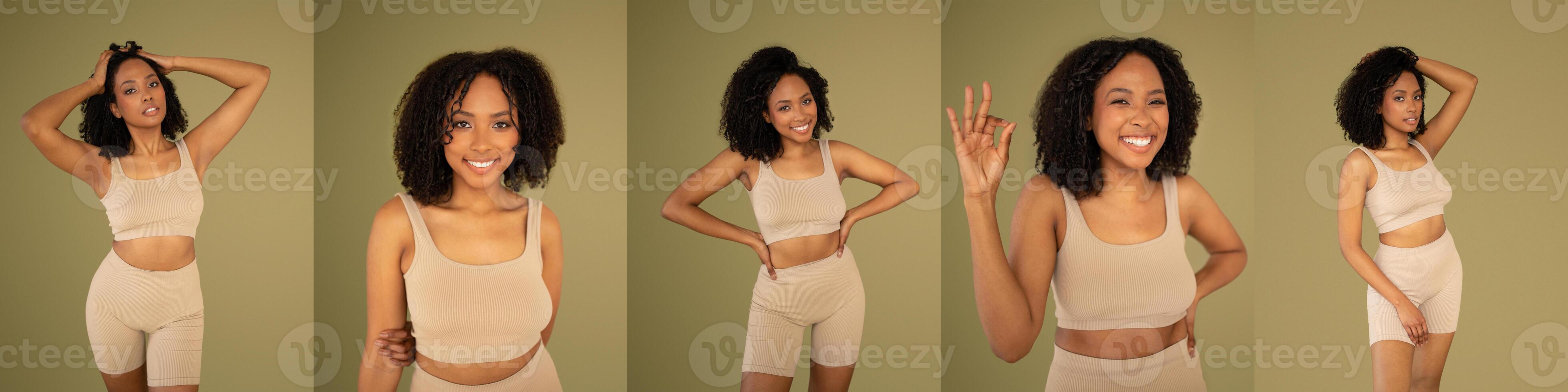 A young black woman showcases her playful personality through a series of candid poses, dressed in a comfortable outfit, smiling brightly and engaging with the camera in a well-lit space. photo
