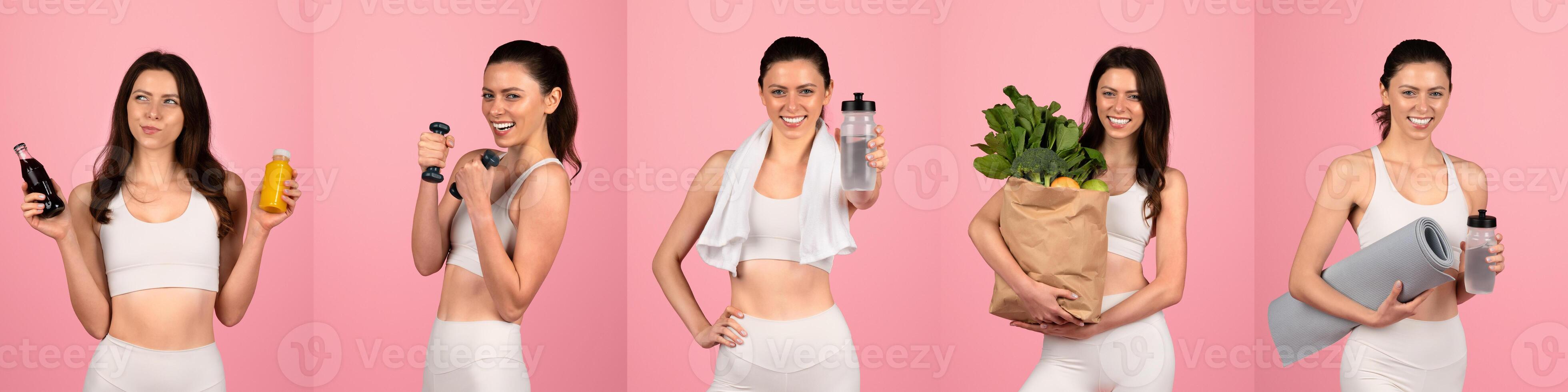 A woman demonstrates her commitment to fitness by holding workout gear, a water bottle, healthy food, and exercising accessories. Each pose reflects her dynamic healthy lifestyle and energy. photo