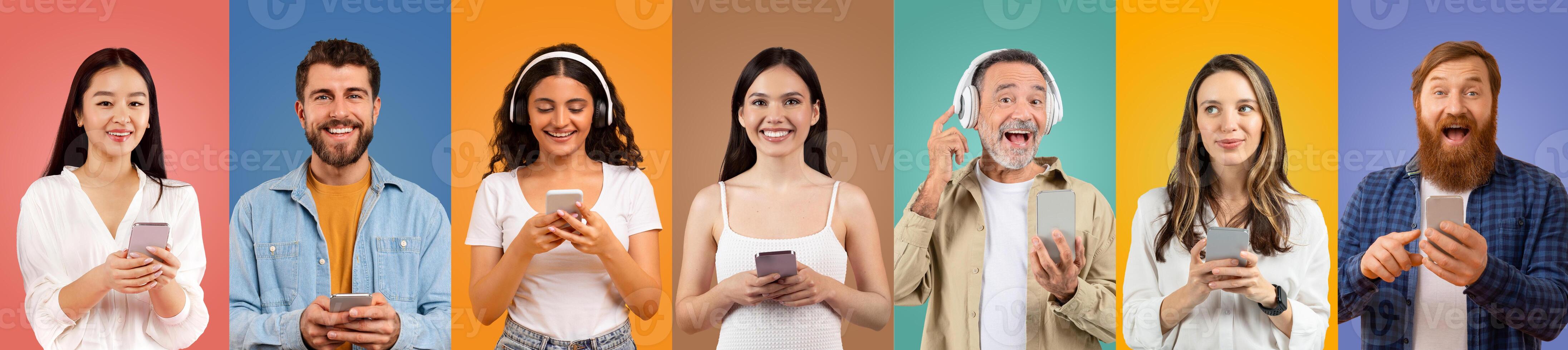 A diverse group of individuals engages with their smartphones and headphones, each displaying happiness across vibrant colored backdrops. They exemplify modern technology interaction. photo