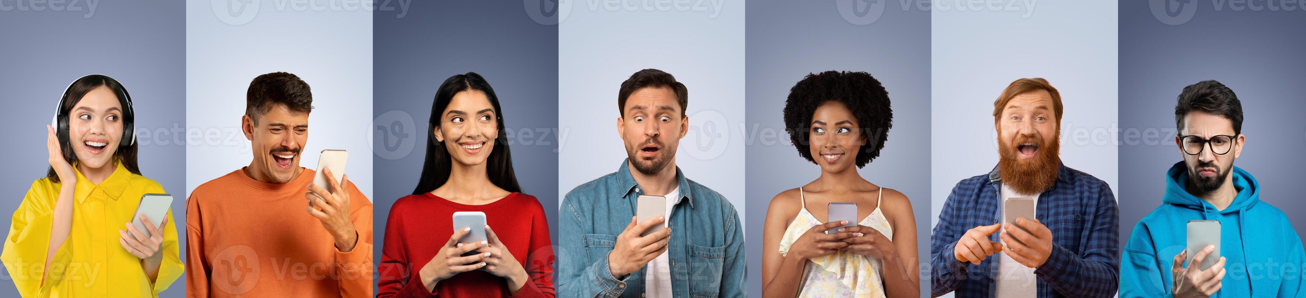 A diverse group of individuals expresses various emotions while using their smartphones, showcasing excitement, surprise, and curiosity in a contemporary environment. photo