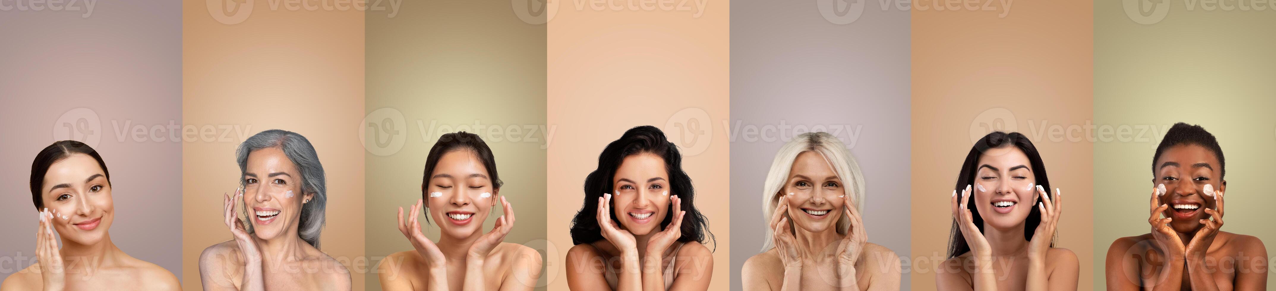 Seven multiethnic women of different ages are shown applying skincare products to their faces in a studio setting. They all have happy expressions and appear to be enjoying the experience. photo