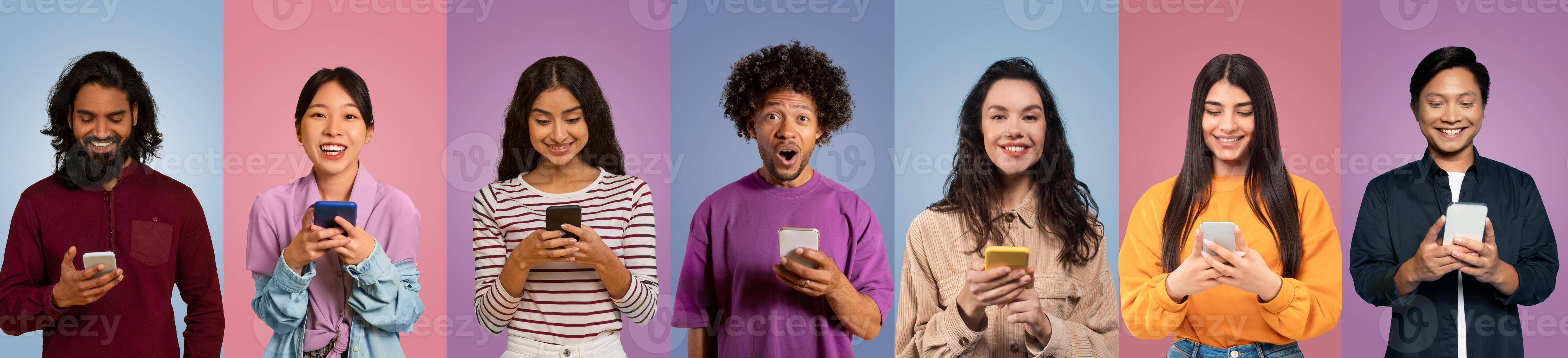 A diverse group of individuals of varying ages are focused on their mobile phones against a colorful backdrop, showcasing modern connectivity and interaction. photo
