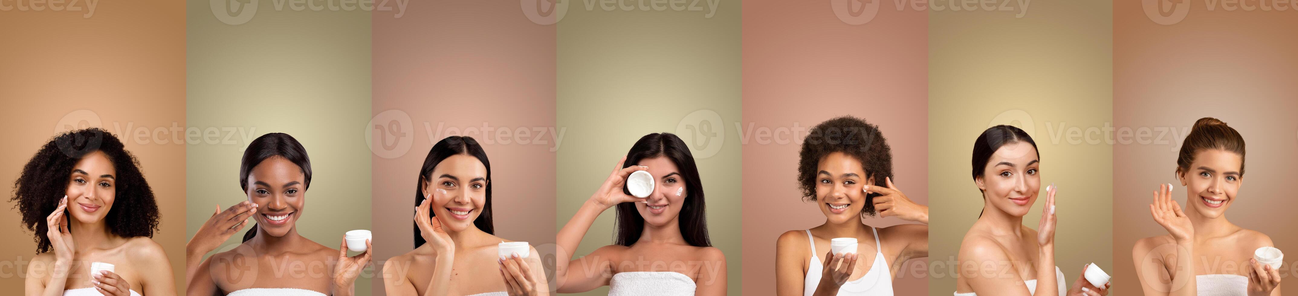 Seven multiethnic women are shown applying moisturizer to their faces, smiling as they hold small containers of cream. Each woman is standing against a light colored wall photo