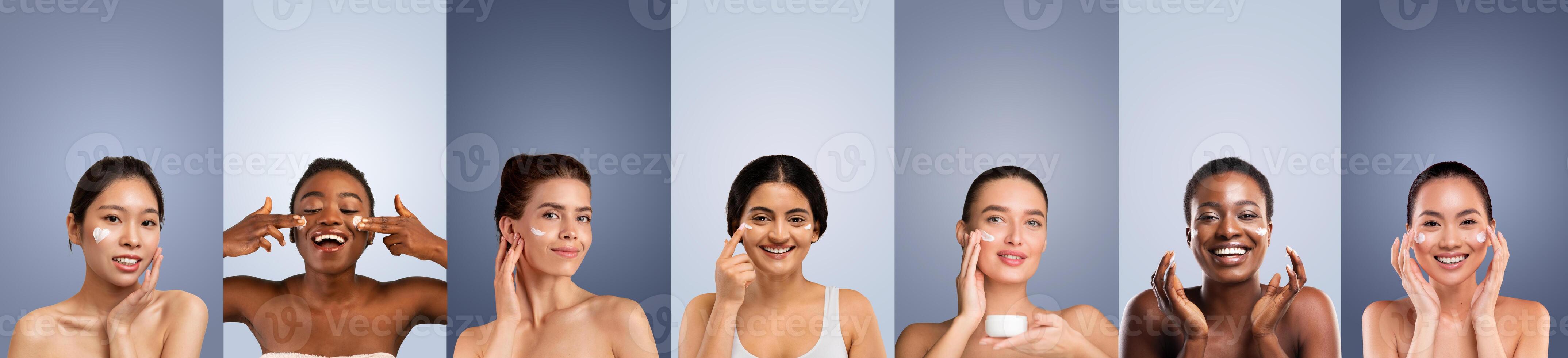 Seven multiethnic women applying face cream to their faces in front of a light blue background. They are all smiling and looking happy. photo