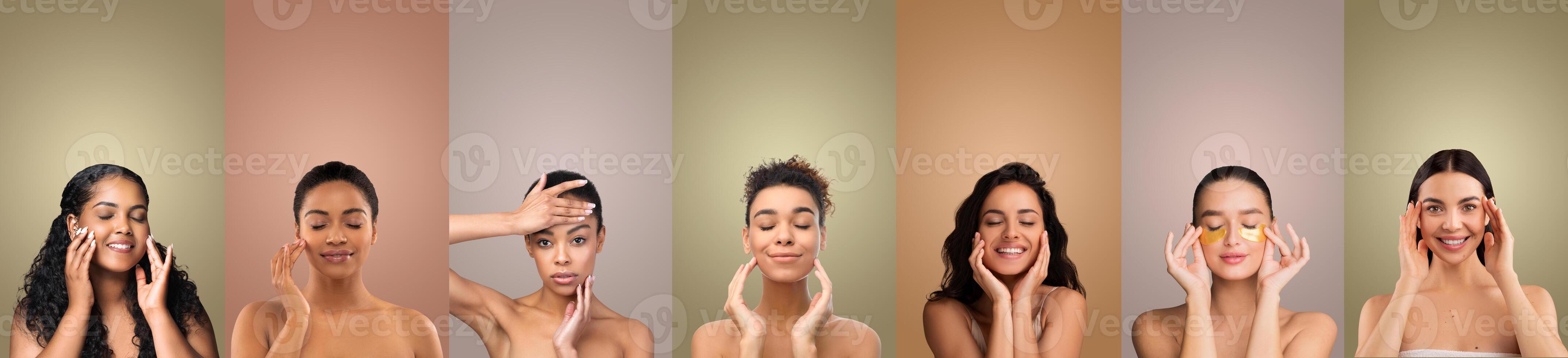 Six young women with diverse skin tones and hairstyles are shown applying gold under eye patches while looking at the camera. They are each positioned against a neutral background photo