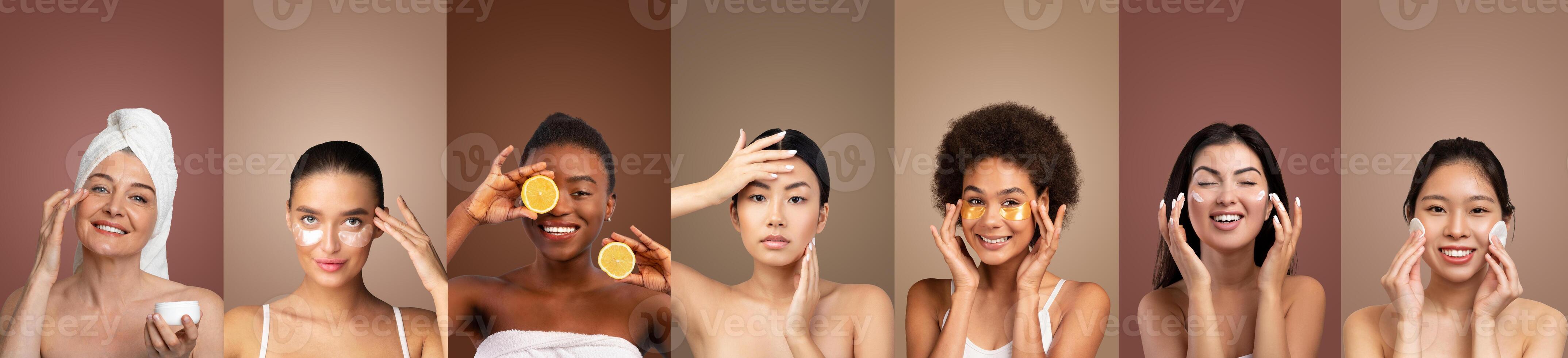 Six multiethnic women of different skin tones applying skincare products and natural remedies to their faces. The women are smiling and appear to be enjoying the process of taking care of their skin. photo