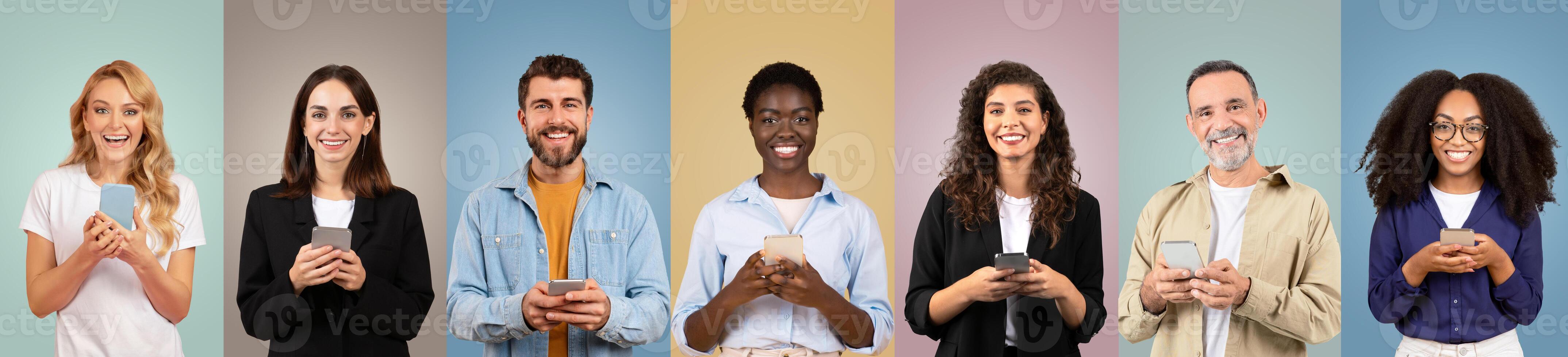 A cheerful group of seven diverse individuals is engaged with their smartphones, smiling confidently against a colorful backdrop. They showcase unity and connection in a modern environment. photo