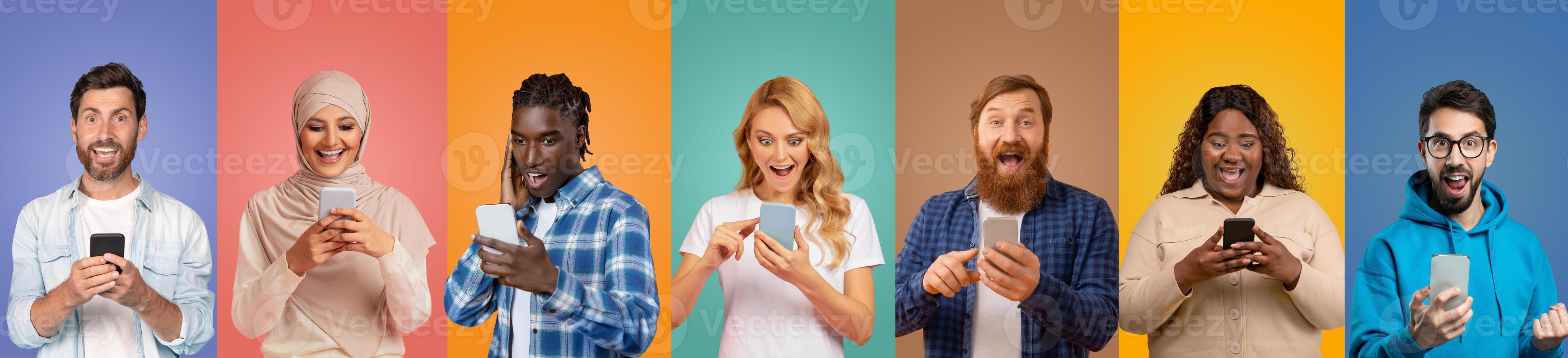 A diverse group of six individuals engaged with their smartphones, displaying expressions of joy and surprise photo