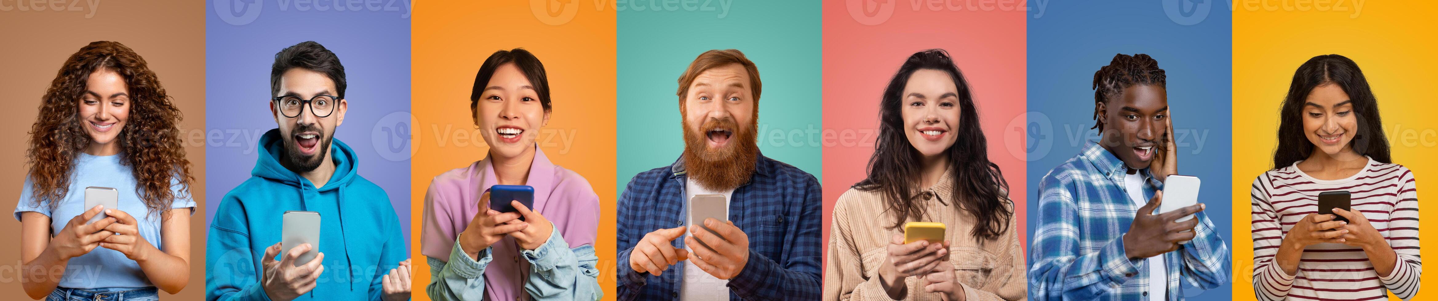 A diverse group of six friends is engaged with their smartphones, displaying various emotions including joy and excitement, set against vibrant colored backgrounds. photo