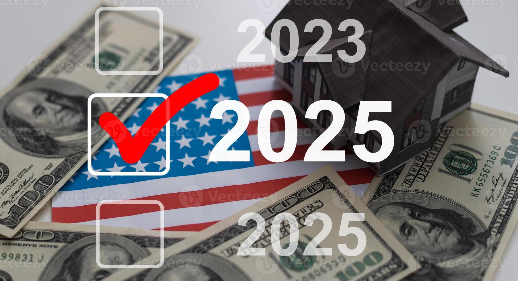 Market trend for 2025. Businessman touching virtual number 2025 for Merry christmas and happy new year concept. End of the old year and start of new business in 2025. photo