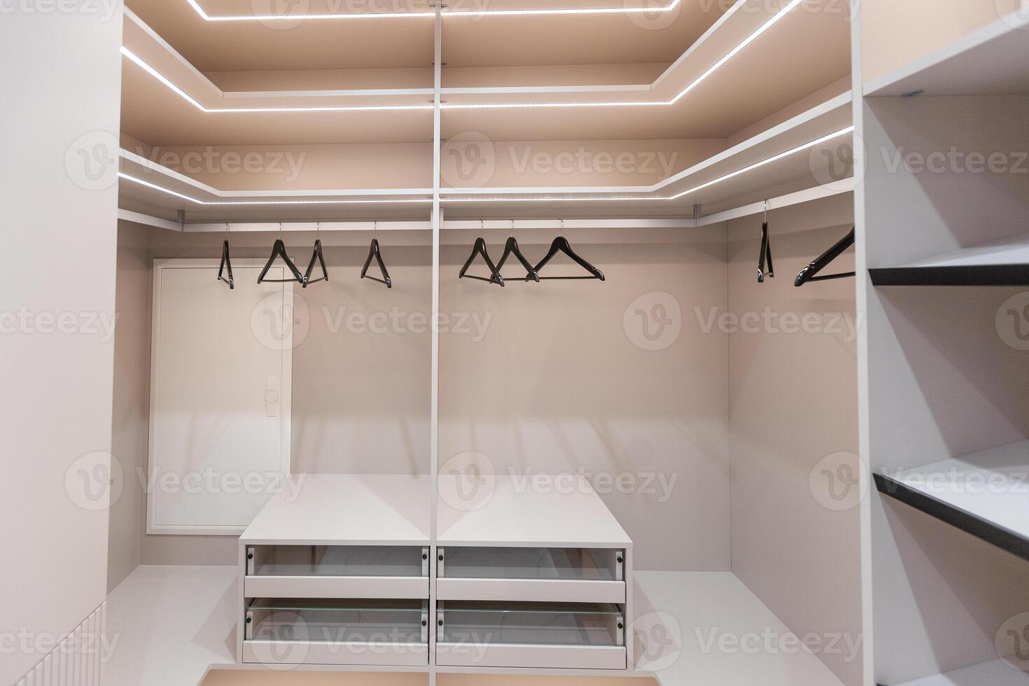 Empty Walk in Wardrobe Closet With Lights photo