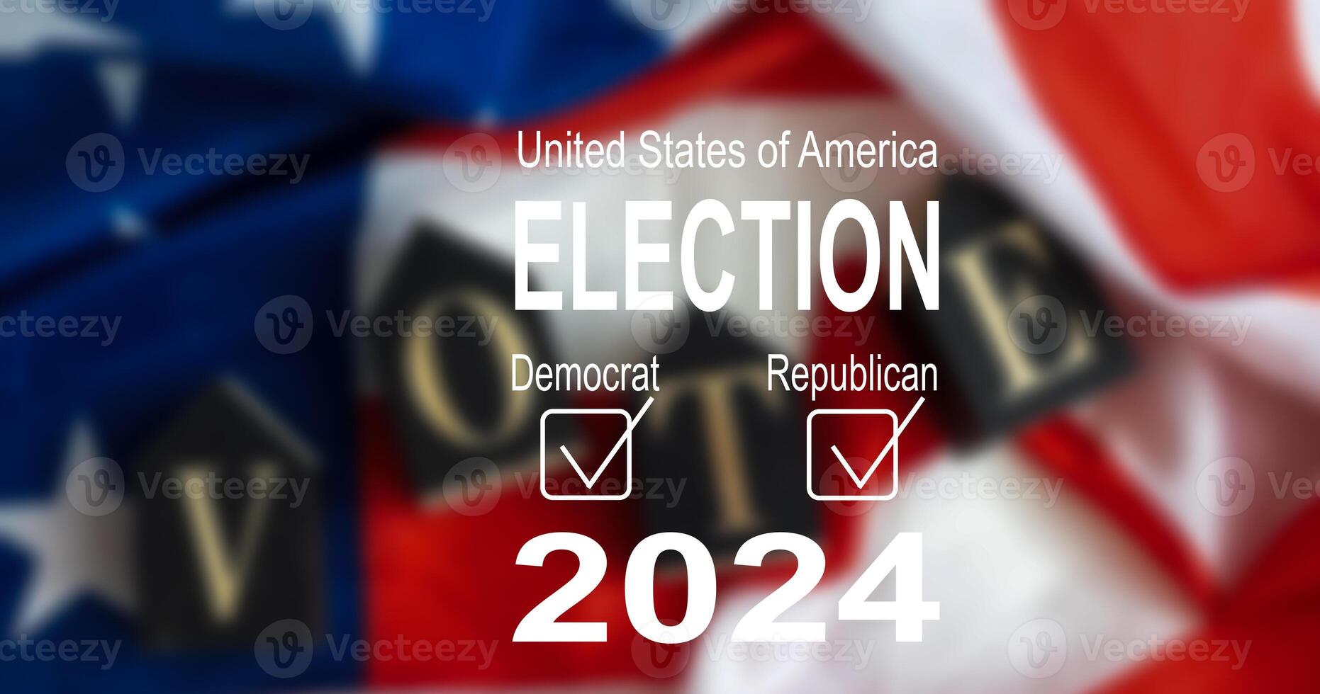 Text Election Day Your Vote is Your Voice with USA Flag on background of sunset. I voted. Voting in America. photo