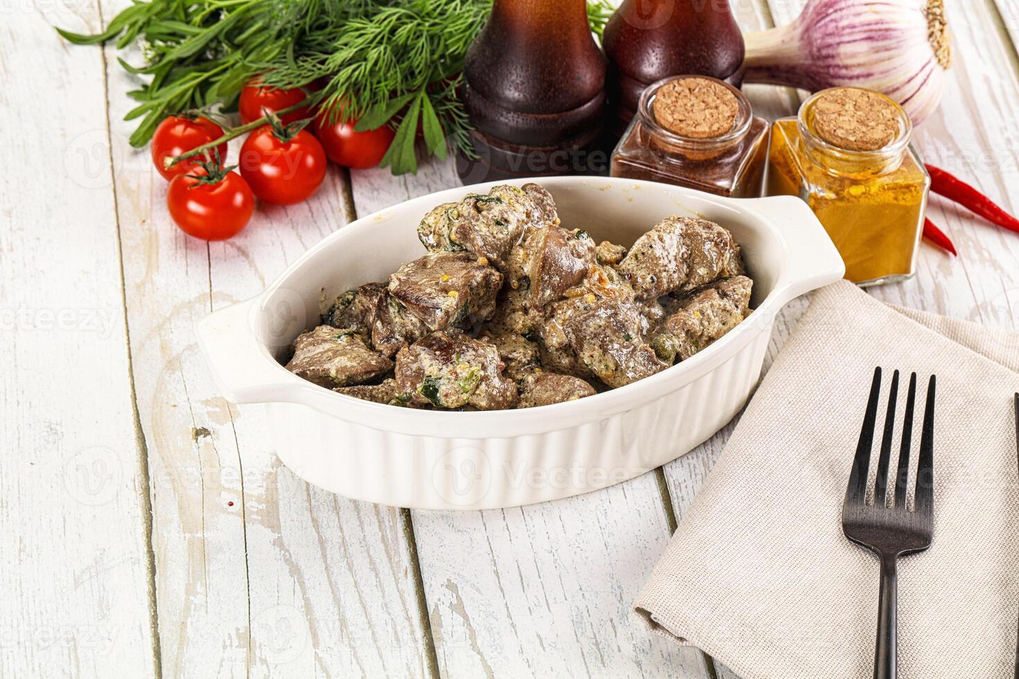 Roasted chicken liver with cream photo
