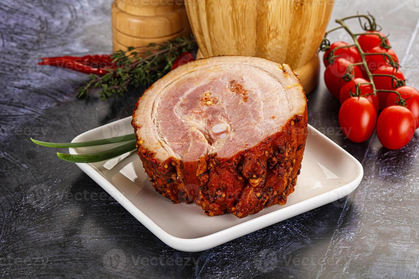 Tasty and fat smoked pork belly photo