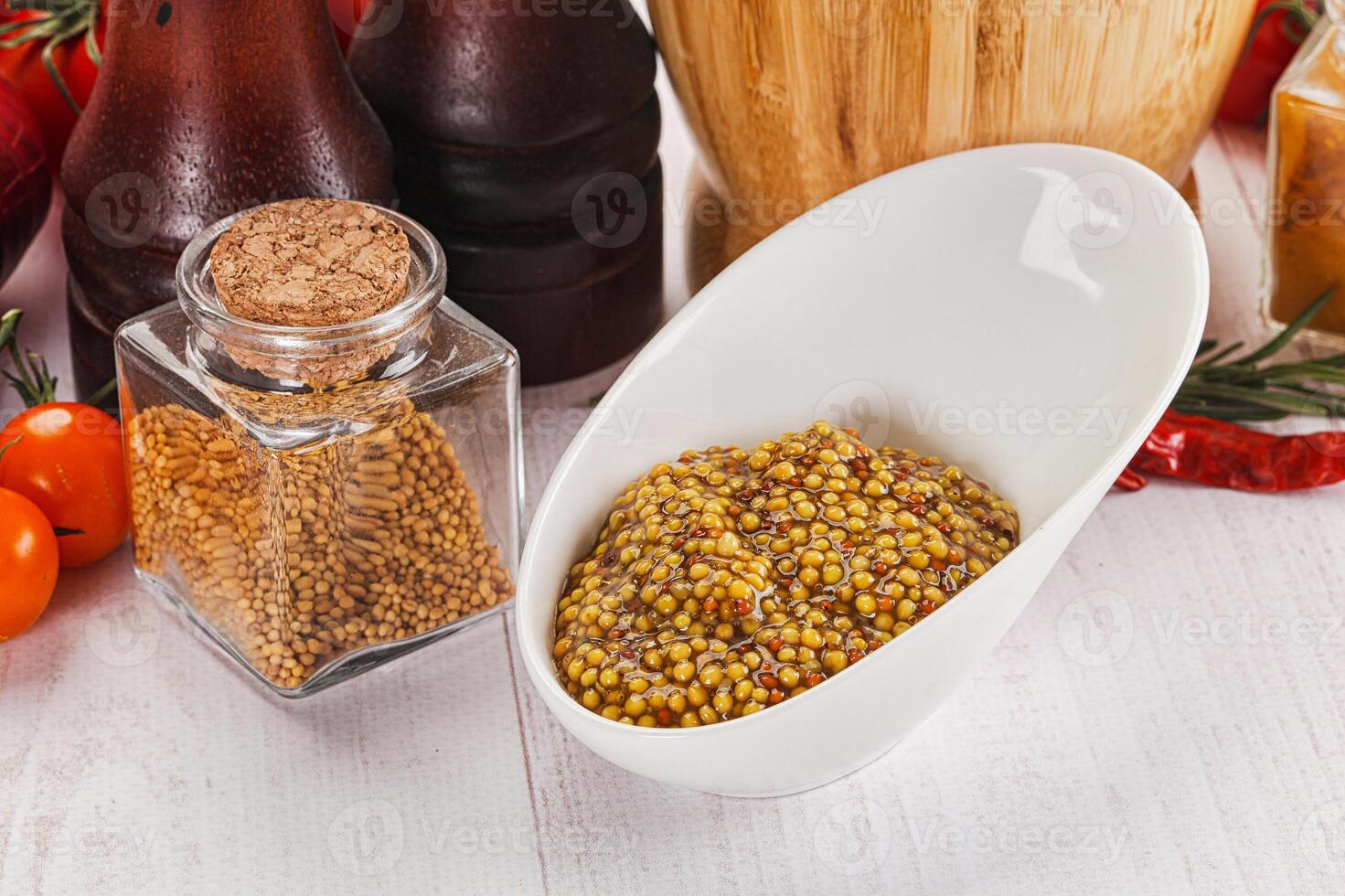Spicy mustard sauce with seeds photo
