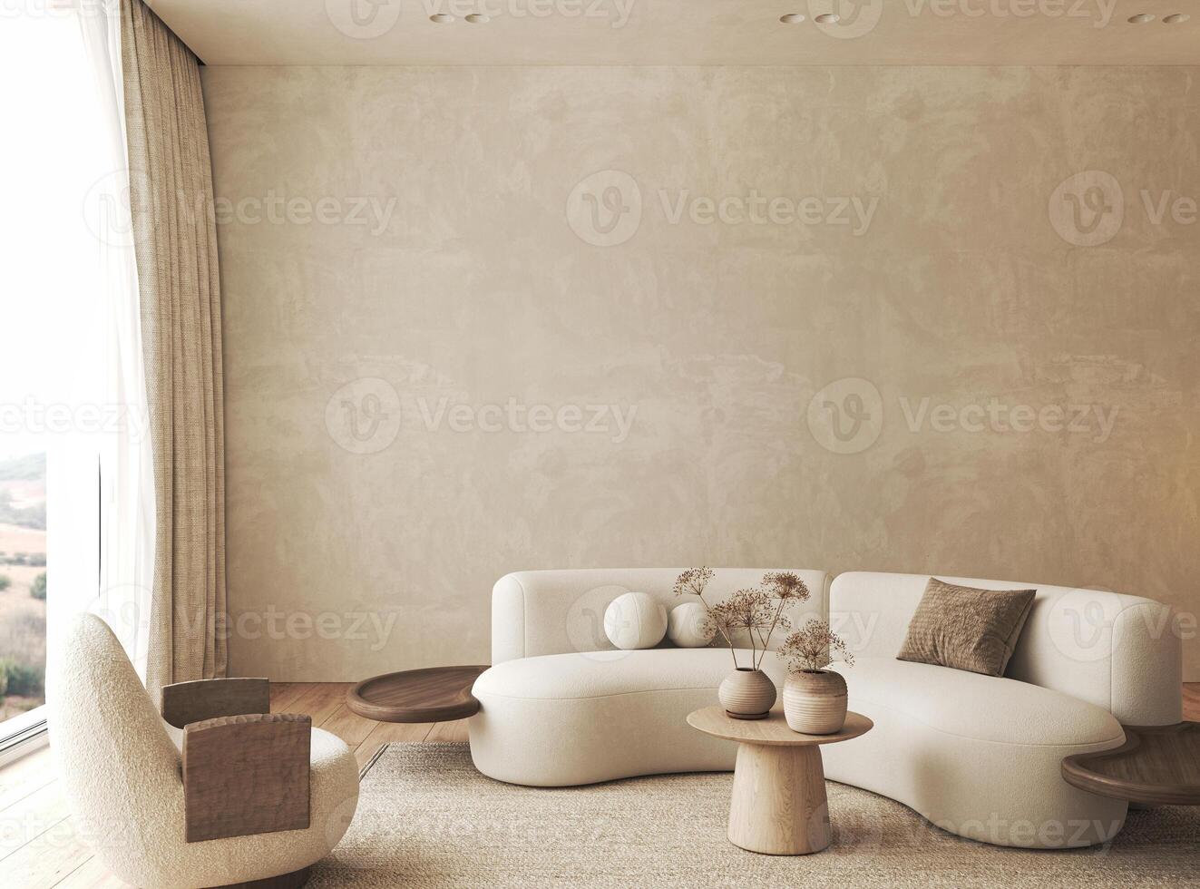 Bohemian livingroom with sofa background. Light modern farmhouse nature interior. 3d rendering. High quality 3d illustration photo