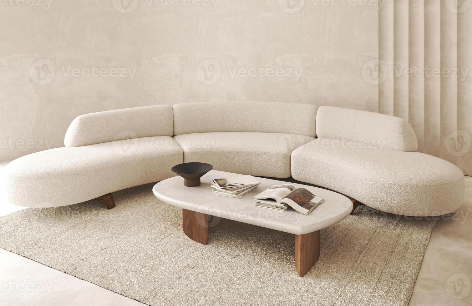 Boho beige livingroom with decor and carpet background. Light modern japanese nature view. 3d rendering. High quality 3d illustration photo