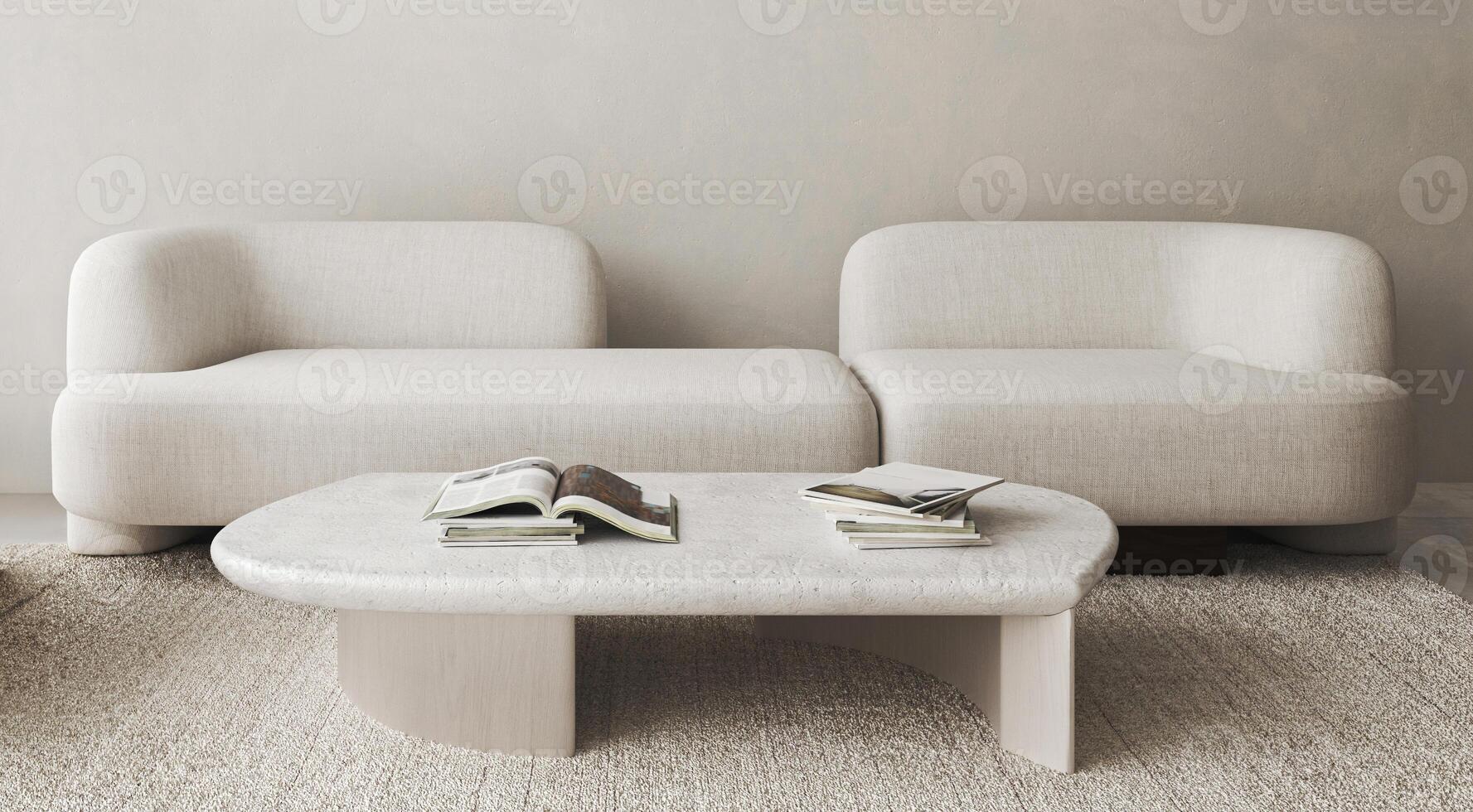 Boho beige livingroom with sofa and books background. Light modern japanese nature view background. 3d rendering. High quality 3d illustration photo