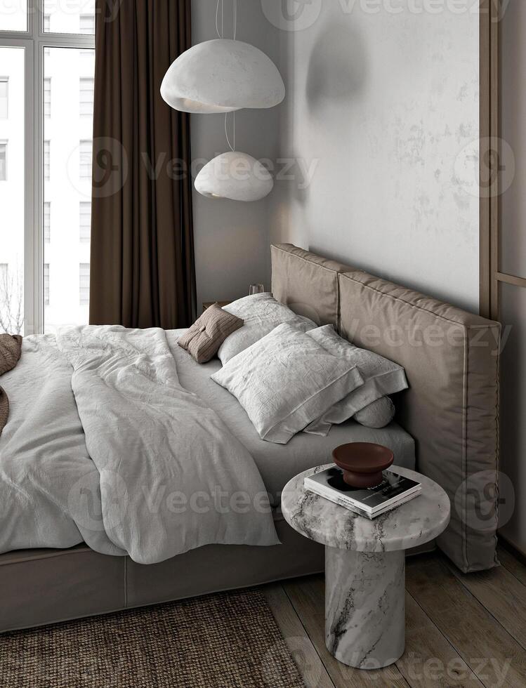 Sophisticated bedroom interior with elegant bedding and unique pendant lighting, 3d rendering illustration photo