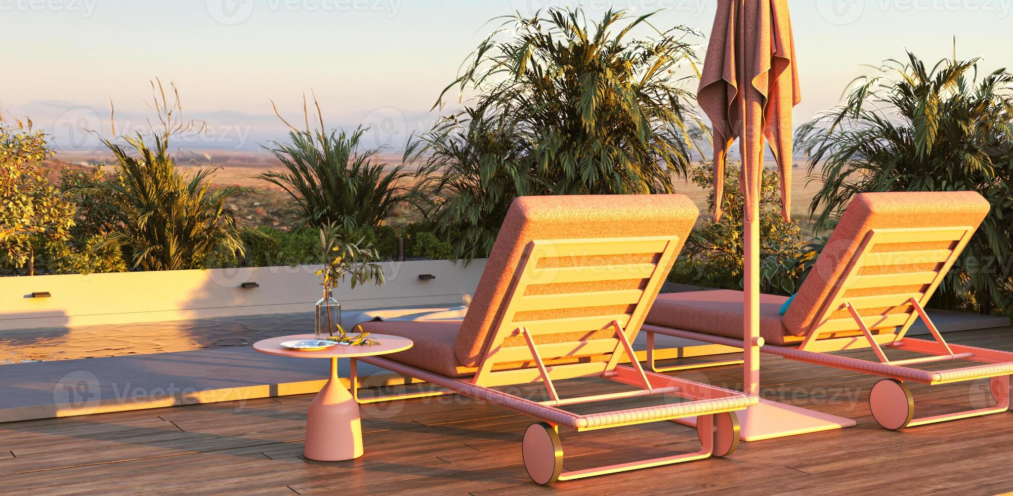 Elevated deck with twin coral sun loungers, a neatly folded umbrella, and lush greenery, offering a panoramic nature view. 3d rendering. High quality 3d illustration. photo