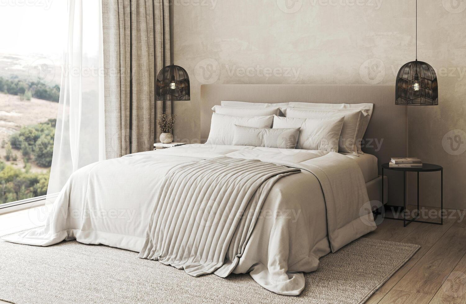 Serene bedroom interior with panoramic view, featuring cozy bedding and stylish pendant lighting. 3d rendering photo