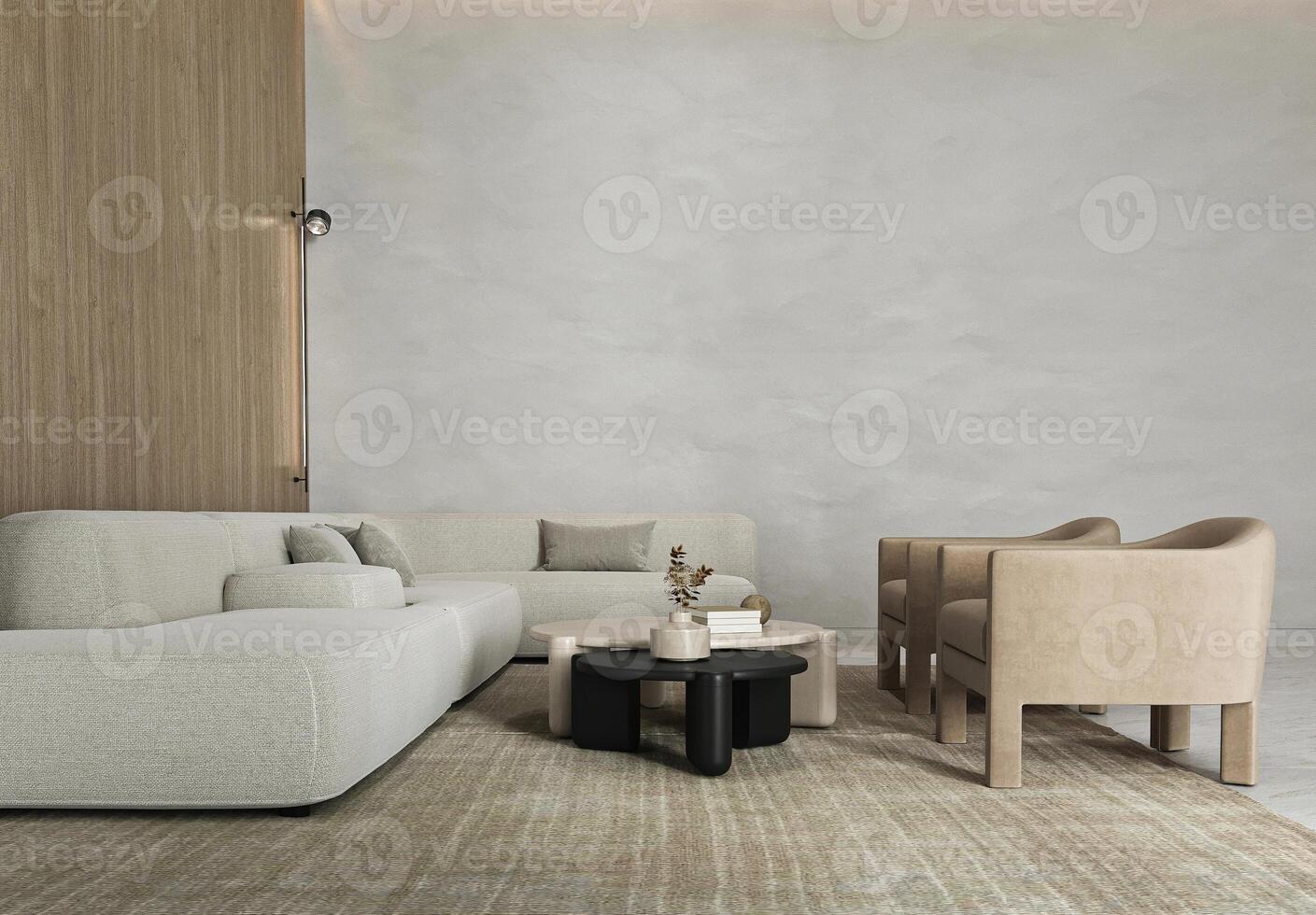 Gray minimal livingroom with large modular sofa, armchairs. Light modern japanese nature view. 3d rendering illustration photo