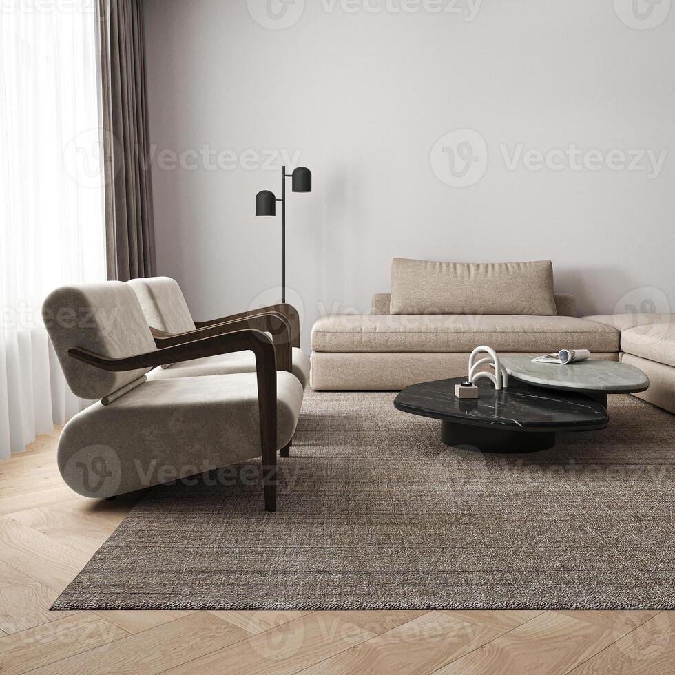 Minimal beige livingroom interior design with sofa, armchair and black lamp background. Light modern nature view. 3d rendering illustration photo