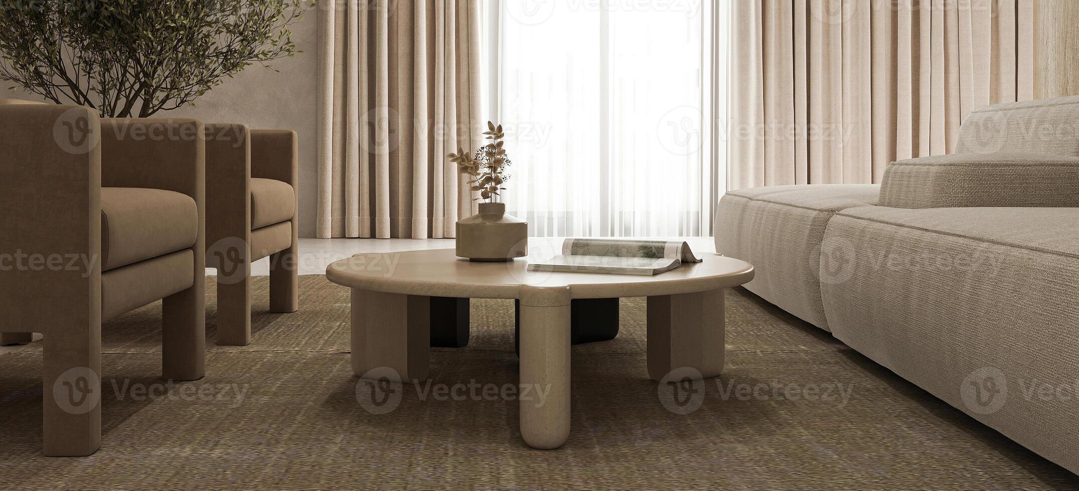 Gray minimal livingroom with large modular sofa, armchairs and window background. 3d rendering illustration photo
