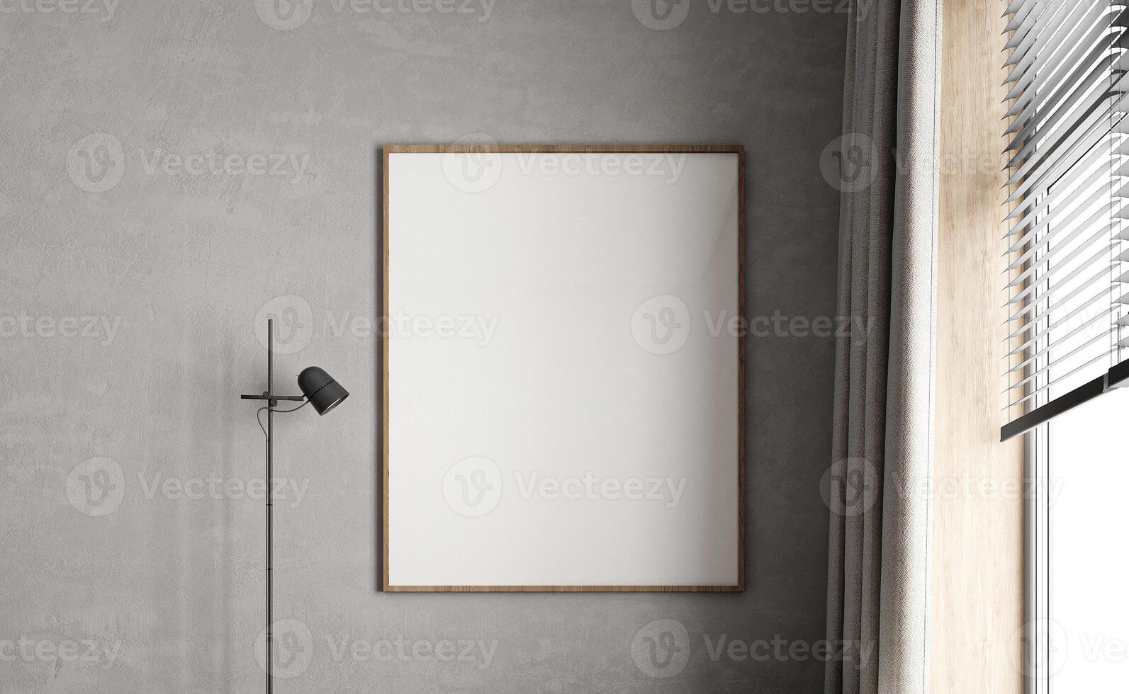 Minimalist interior design with empty picture frame beside a contemporary floor lamp, minimalist design, 3d rendering photo