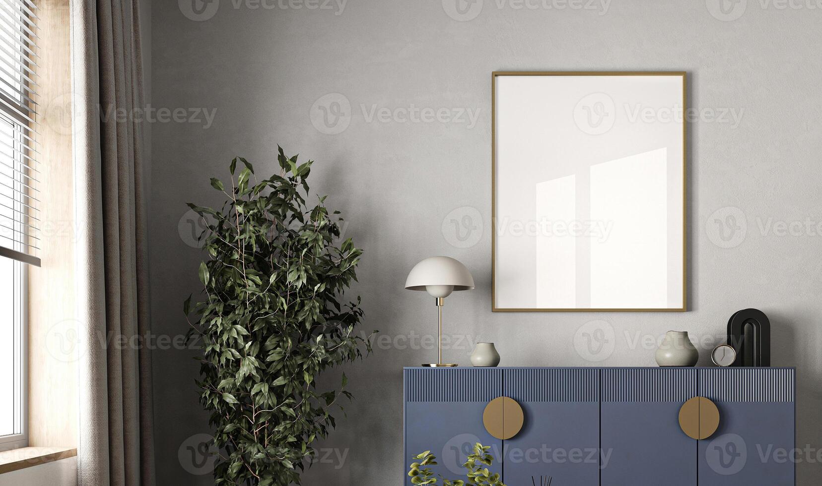Modern gray livingroom with bright blue commode and green plants background. Light modern japanese nature view. 3d rendering photo
