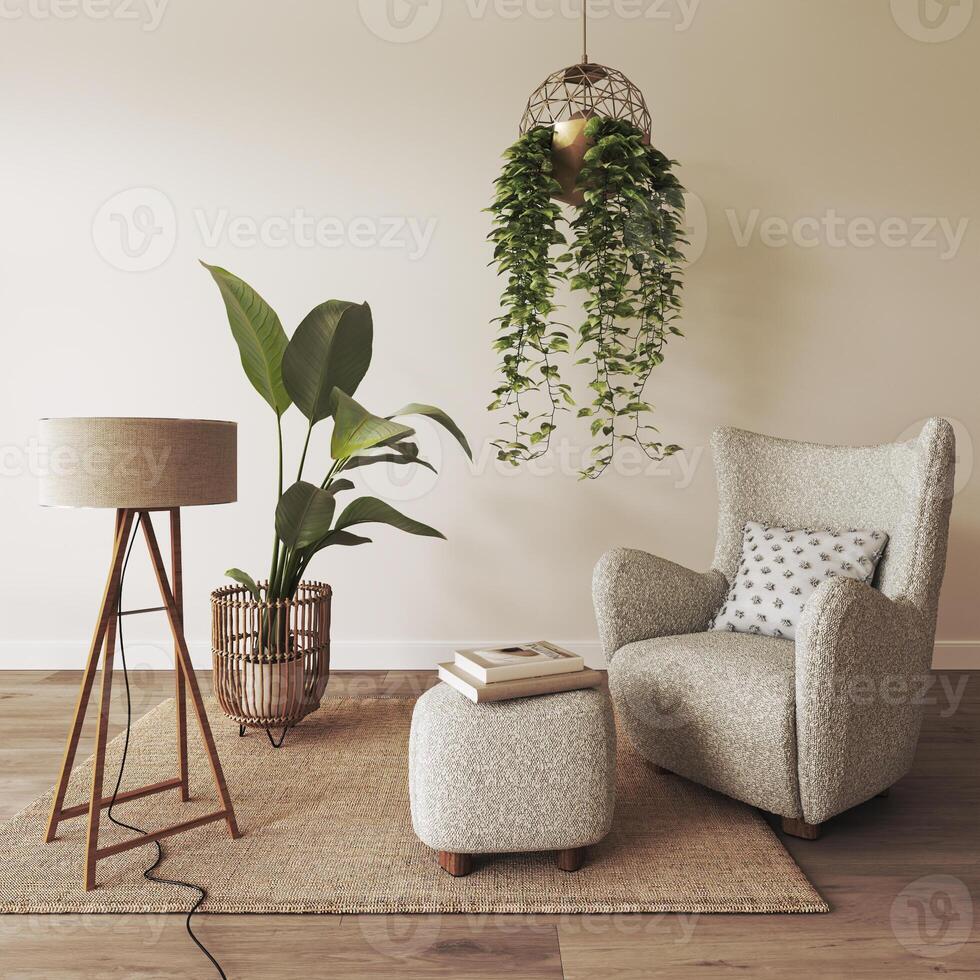 Design a minimalist living room with a cozy armchair and plant for a peaceful ambiance, 3d rendering photo
