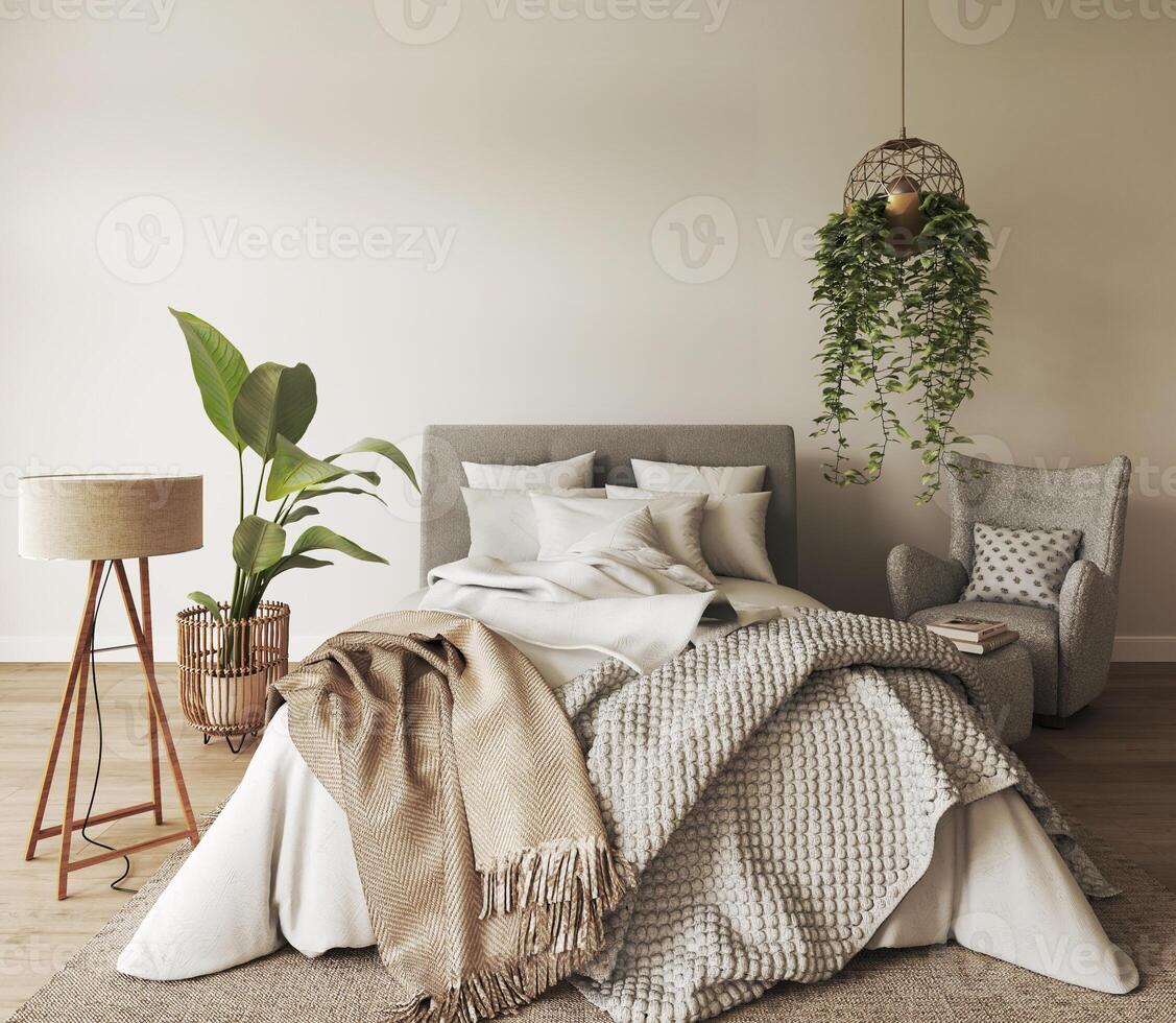 Stylish bohemian bedroom with greenery and neutral tones, cozy and inviting for relaxation, 3d rendering photo