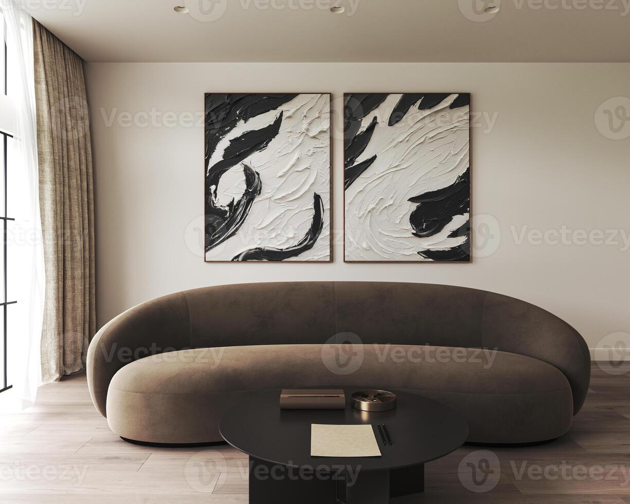 Modern minimalist living room with stylish lighting and comfortable sofa, creating chic atmosphere, 3d rendering photo