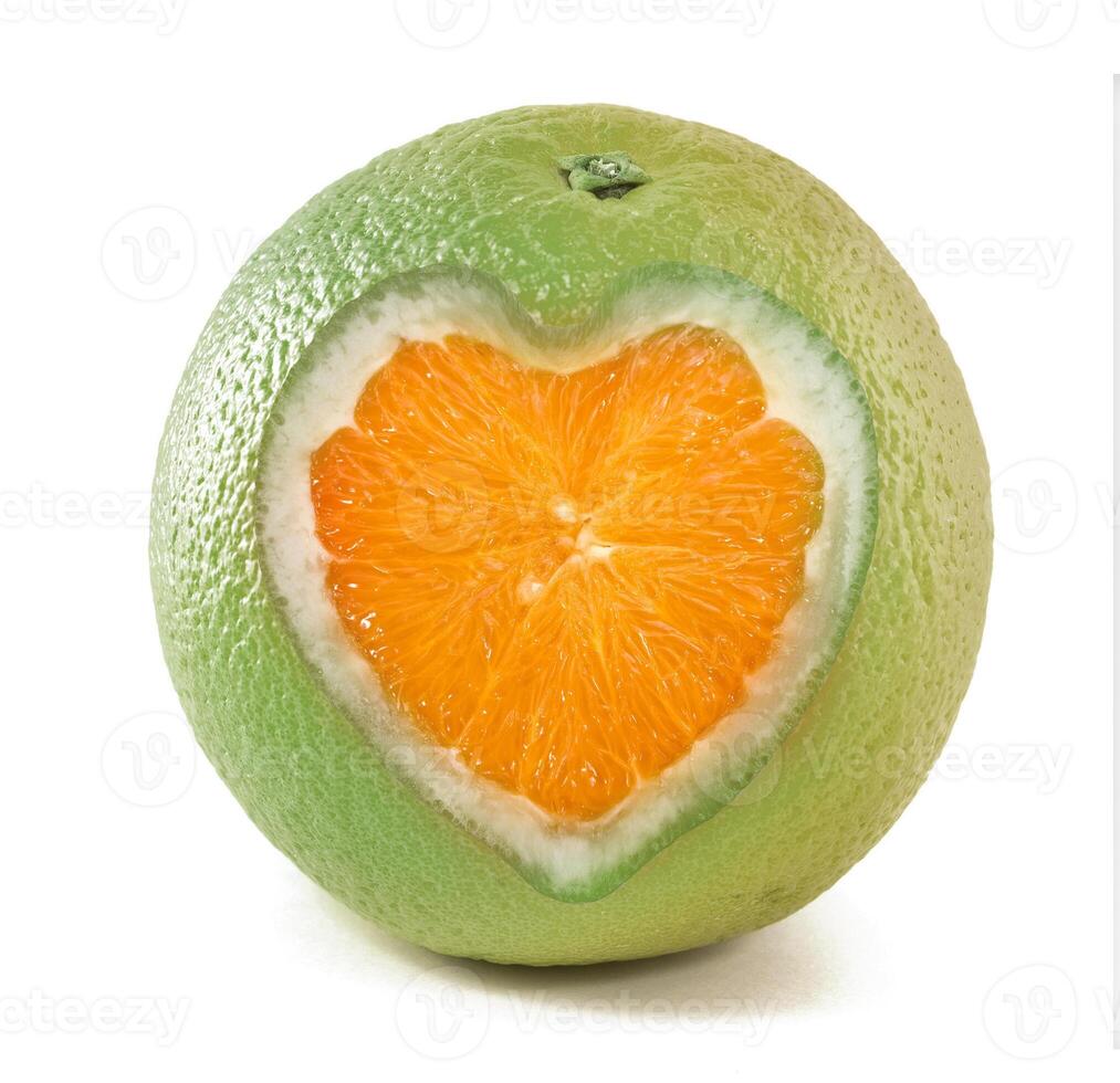 An orange with a heart cut out of it photo