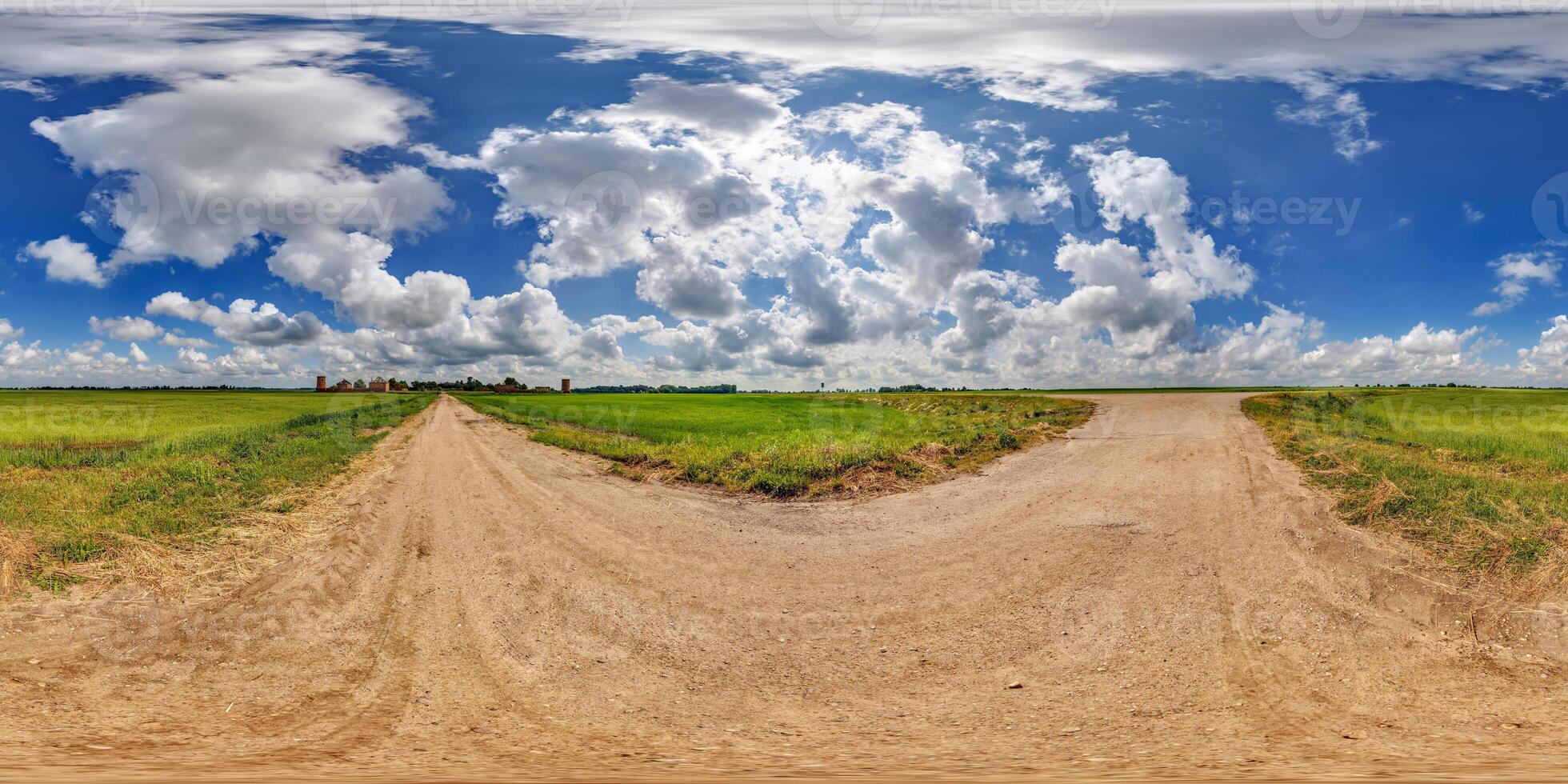 blue sky hdri 360 panorama with awesome clouds on gravel road among fields in spring day in equirectangular full seamless spherical projection, for VR AR content or skydome replacement photo