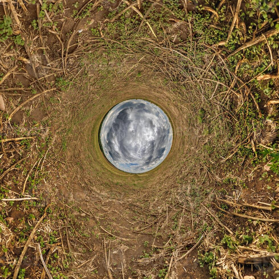 blue hole sphere or globe little planet inside green dry grass frame background photo