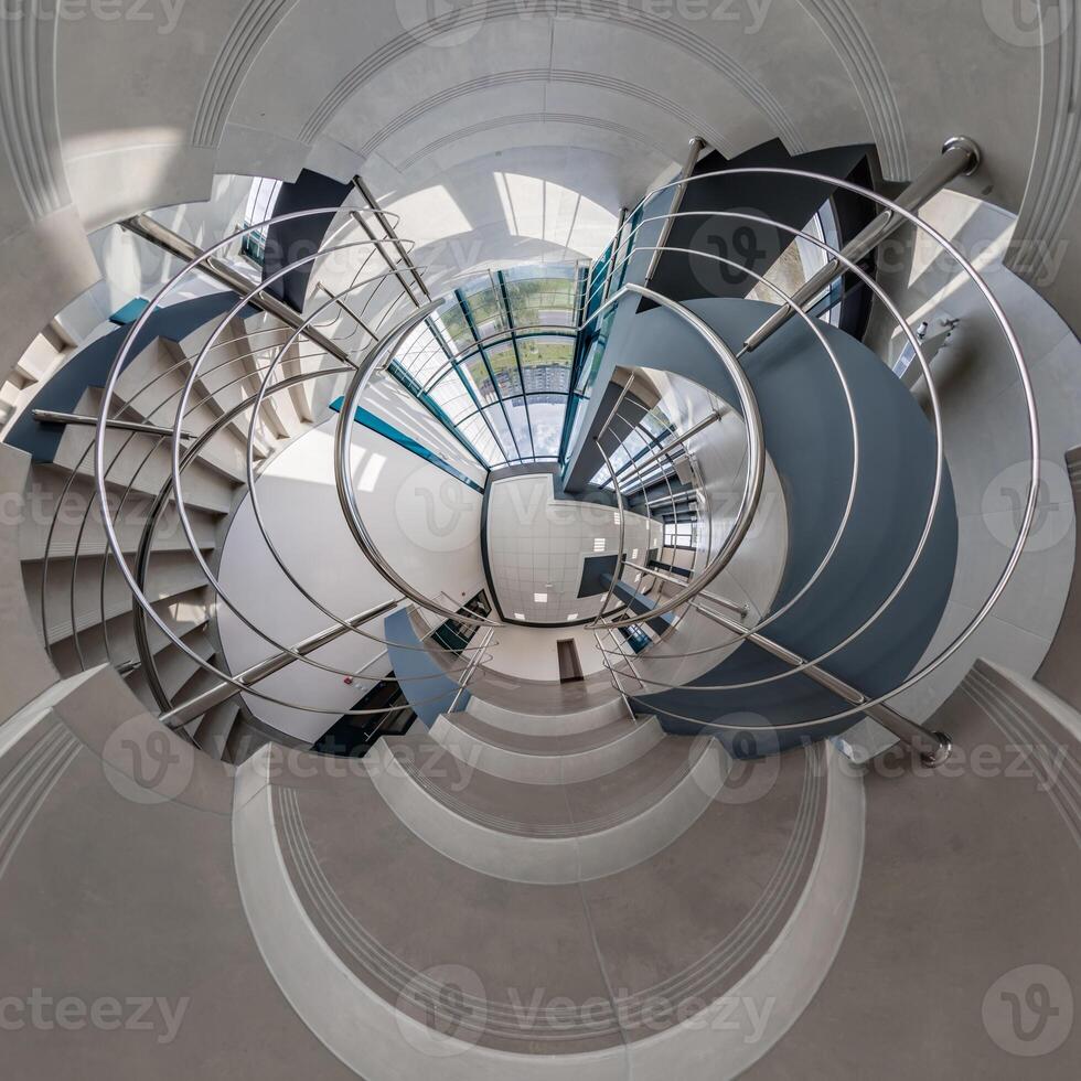 abstractly twisted into spherical 360 panorama interior of modern office with hall staircase and panoramic windows photo